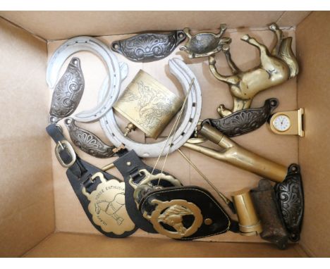 A brass opium pipe, horse brasses, drawer handles including one marked The Old Printing Shop, Portobello Road, London, horse 