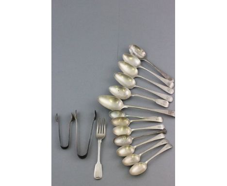 Group of Silver Cutlery including Georgian Serving Spoon (London 1772), 5 Georgian Silver Dessert Spoons, 2 Sets of Sugar Ton