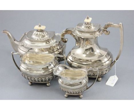 Walker & Hall Silver Four Piece Tea / Coffee Service comprising Teapot, Coffee Pot, Milk Jug and Sugar Bowl,  each piece with