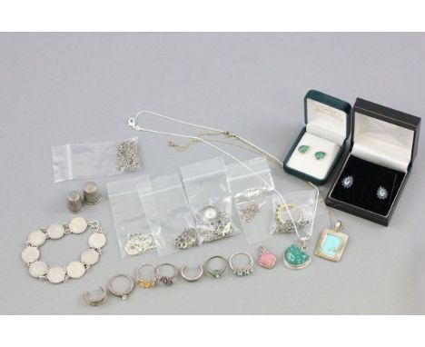 Group of Silver Items including Rings, Turquoise Set Brooch, Silver & Gold Plated Opal Earrings, another Pair of Earrings, Pe