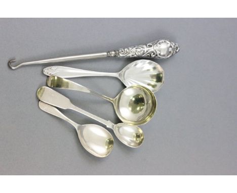 Collection of Silver Items including Mustard Spoon (London 1855), Sauce Ladle (Sheffield 1937), Caddy Spoon (Birmingham 1966)
