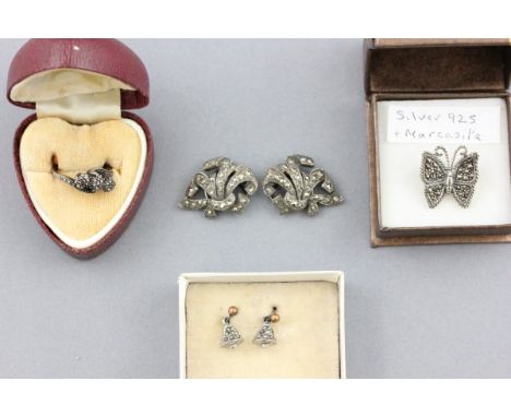 Four Items of Vintage Marcasite Set Jewellery including Silver Ring, Silver Butterfly Brooch, Rhodium Plated Bell Earrings an