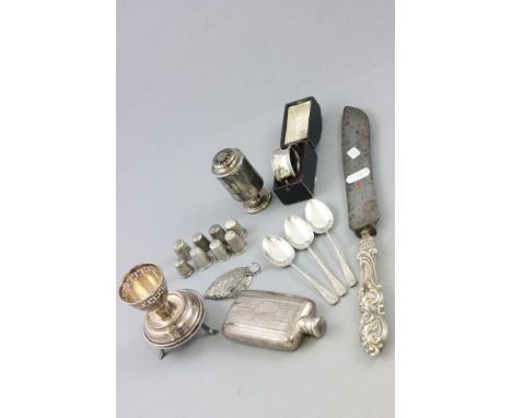 Georgian Small Silver Castors (a/f) together with Silver Plated Hip Flask, Cased Silver Napkin Ring, Victorian Bread Knife, T