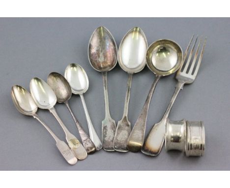 Collection of Silver Items including Two Serving Spoons, Sauce Ladle, Four Teaspoons and Two Napkin Rings plus Plated Fork