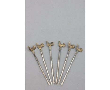 Set of Six Sterling Silver Stick Pins with Cockerel Finials