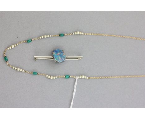 Yellow Metal Necklace set with Pearls and Green Stones together with a White Metal Bar Brooch set with a Large Mystic Opal