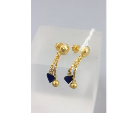 Pair of High Carat Middle Eastern Gold Drop Earrings, each with one link drop set with a gold ball and the other link drop se