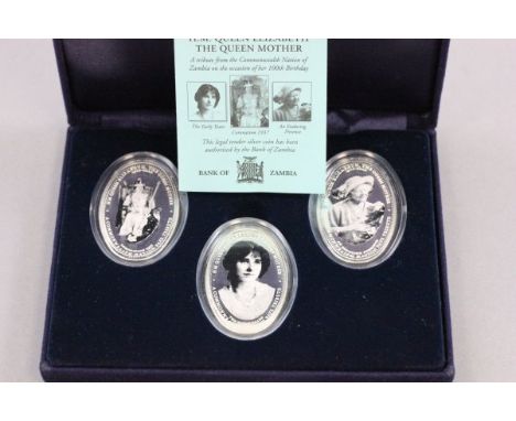 Cased Bank of Zambia H M Queen Elizabeth The Queen Mother Three Silver Coin Set with certificate of authenticity