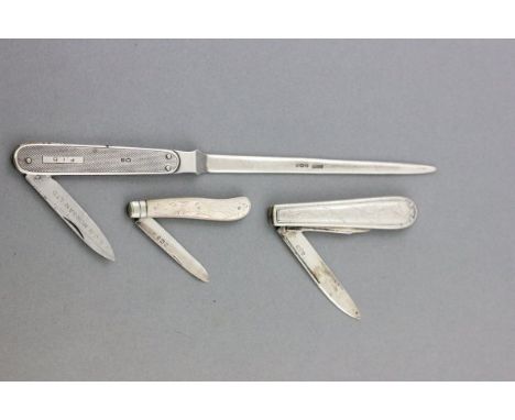Silver Paperknife with penknife within the engine turned handle, Sheffield 1952 plus a Silver Double Blade Fruit Knife and a 