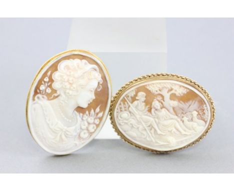 18K Gold Mounted Cameo Brooch depicting a Portrait of a Maiden plus 9ct Gold Mounted Cameo Brooch depicting figures with shee