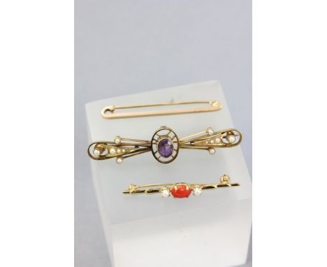 Two 9ct Gold Bar Brooches together with a Yellow Metal Bar Brooch set with Amethyst and Pearls