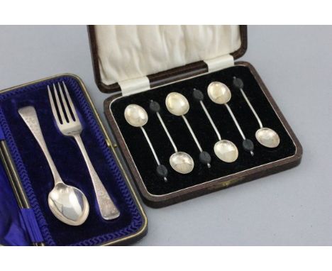 Cased Silver Knife and Fork Set with Floral Engraved Handles, Sheffield 1908 plus a cased Set of Six Silver Coffee Bean Spoon