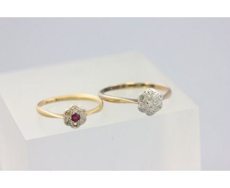 18ct Gold Flower Cluster Ring with central ruby surrounded by diamonds (two missing) plus a 9ct Gold Diamond Flower Cluster R