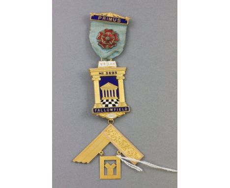 Early 20th century 15ct Gold and Enamel Masonic Medal with Ribbon for Fallowfield Lodge No. 3693