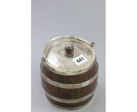 Oak Silver Bound Biscuit Barrel with Silver Lid, Handle and Shield Cartouche, Birmingham 1893, William Hair Haseler 