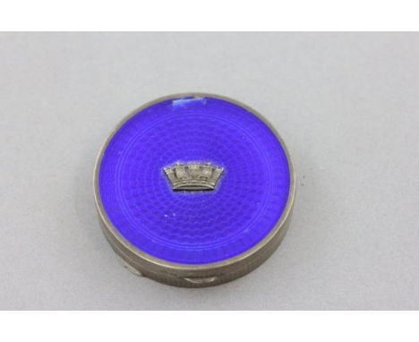 Silver and Blue Enamel Compact, engine turned and the lid set with a crown, Birmingham 1932