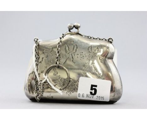 Silver Ladies Purse,floral swags and bows engraved to front on Silver Chain with Finger Ring  Birmingham 1919, Hasset & Harpe