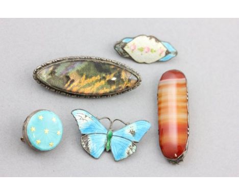 Silver Enamel Butterfly Brooch, Two Enamel Brooches, Agate Brooch and another Silver Brooch