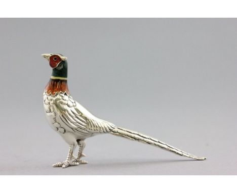 Silver and Enamel Model of a Pheasant, London Hallmark, 6cms high
