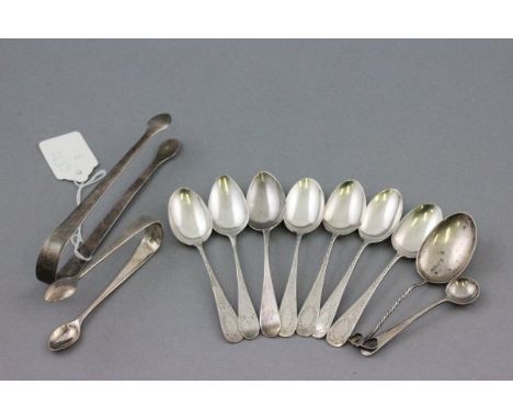 Collection of Silver Flatware including Two Georgian Teaspoons, Georgian Sugar Tongs, Matching Victorian Five Teaspoons and S