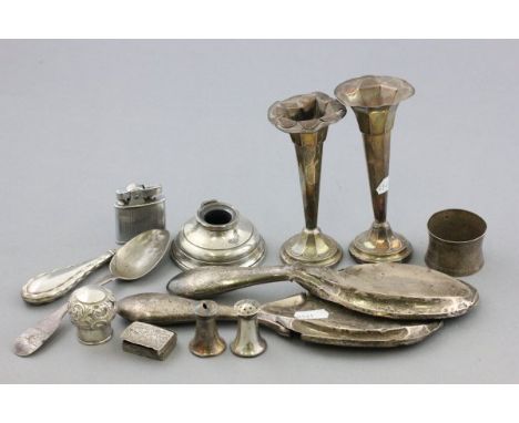 Collection of Scrap and Other Silver including Two Dressing Brush Backs, Broken Silver Snuff Box, Silver Bottle Top, Inkwell 