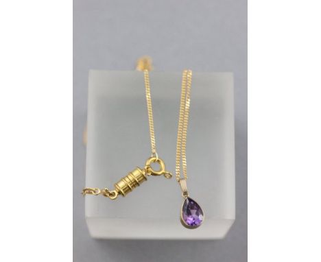 9ct Gold Tear Shaped Pendant set with Amethyst on 9ct Gold Chain