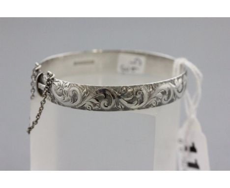 Silver Bangle with Chain, half scroll engraved, Birmingham 1962