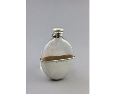 Victorian Oval Glass Hip Flask with detachable Silver Cup and Silver Hinged Lid, Birmingham 1873 maker Carnelly & Co