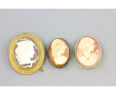 Gold Mounted Cameo Brooch depicting a Portrait of a Lady (mount stamped 585) together with a Silver Mounted Cameo Brooch and 
