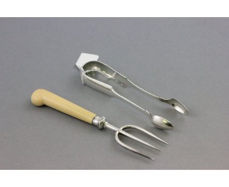 Set of Georgian Scottish Silver Sugar Tongs, Edinburgh 1837 together with a Toasting Fork with Bone Pistol Shaped Handle and 