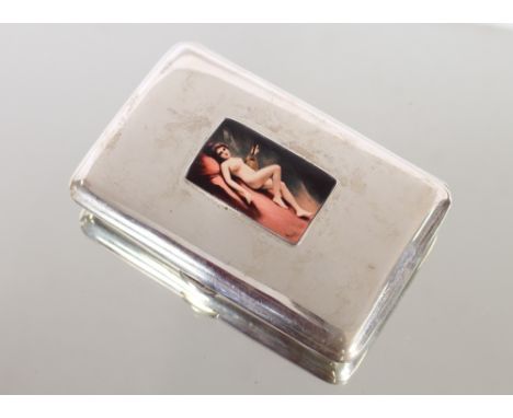 A silver cheroot case, having later enamel panel decoration of a naked girl playing a mandolin, 12.5cms&nbsp;