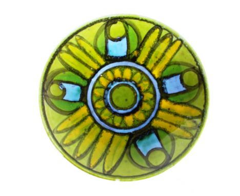 A Poole pottery Delphis plate, decorated by Angela Wyburgh, 27cms dia.