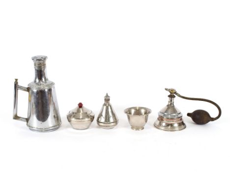 A metalware perfume atomiser; a wig powder pot; a flask etc.