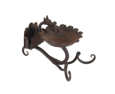 Hugo Berger Goberg attributed, an unusual Arts &amp; Crafts wrought iron oil lamp in the form of a fire breathing dragon