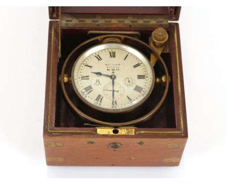 A Waltham marine chronometer, in fitted mahogany and brass mounted case