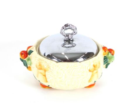 A Clarice Cliff Celtic Harvest preserve pot, with chrome plated cover