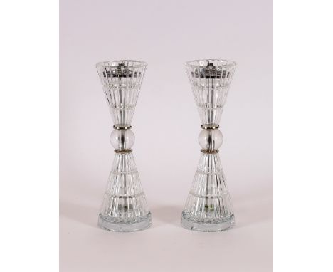 A pair of glass conical shaped table lamp bases, 33.5cm high