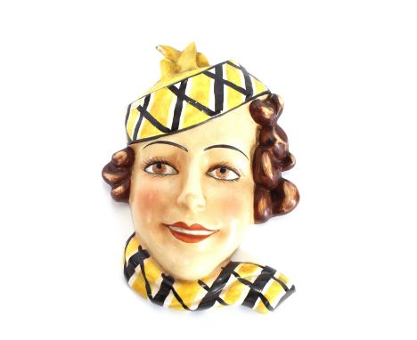 A Goebel porcelain face mask, depicting a girl with checked scarf and hat, impressed mark verso, F.X.63/2, 18cms