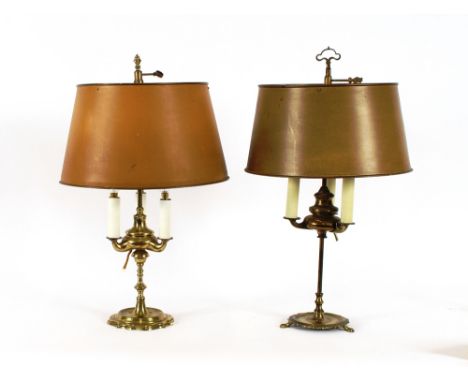 A decorative brass three light table lamp, with brown metal shade; and another similar, (2)