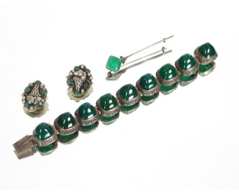 An Arts &amp; Crafts Sterling silver and jade green enamel brooch; together with an antique white metal bracelet set with cab