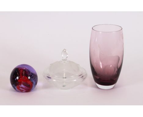 A Caithness mauve tinted glass vase, having etched decoration of a stag, 89cm; a Caithness Moulin Rouge paperweight; and a Fr