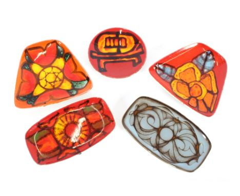 A Poole pottery Aegean rectangular dish; a Delphis ware similar by Rosina St Clare; a pair of triform shaped Poole pottery di