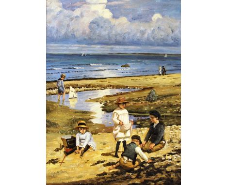 J. Lesaux, early 20th school study of children playing on the coast, signed oil on canvas, 51cm x 44.5cm