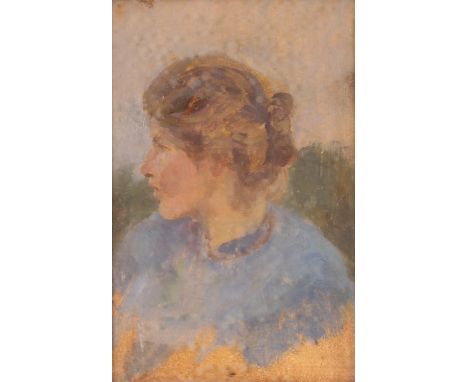 Early 20th Century school, impressionist style study head  and shoulders portrait of a young woman in blue dress, unsigned oi