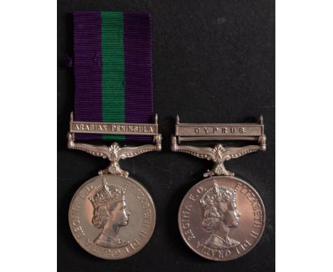 Two Elizabeth II General Service Medals.
'1223 Pte Muhammad Ali TOS' with Arabian Peninsular clasp.
'T/23462854 Cpl R W Teath