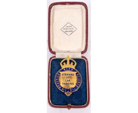 A John Plinches gilt  and enamel' Steward of Parking' lapel badge, King's Crown over circular badge with blue enamel border '