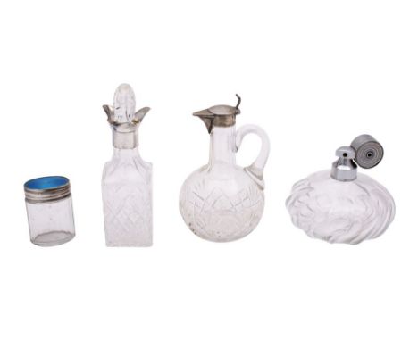 A group of silver and glass bottles, comprising a German silver claret jug, maker  ELIMEYER, DRESDEN of bottle form, with eng