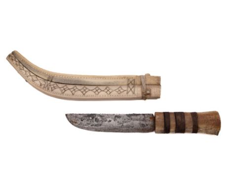 An early 20th century Inuit  reindeer bone and steel knife, the  straight single edge blade  over a one piece bone grip with 