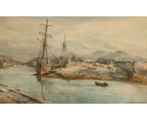 After Adderton 
Harbour scene with boats, 1920
with a fishing town and a bridge in the distance
print, signed and dated lower