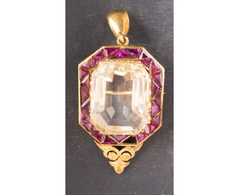 An octagonal, step-cut citrine and calibre-cut probably amethyst brooch/ pendant, total estimated citrine weight ca. 34cts, l
